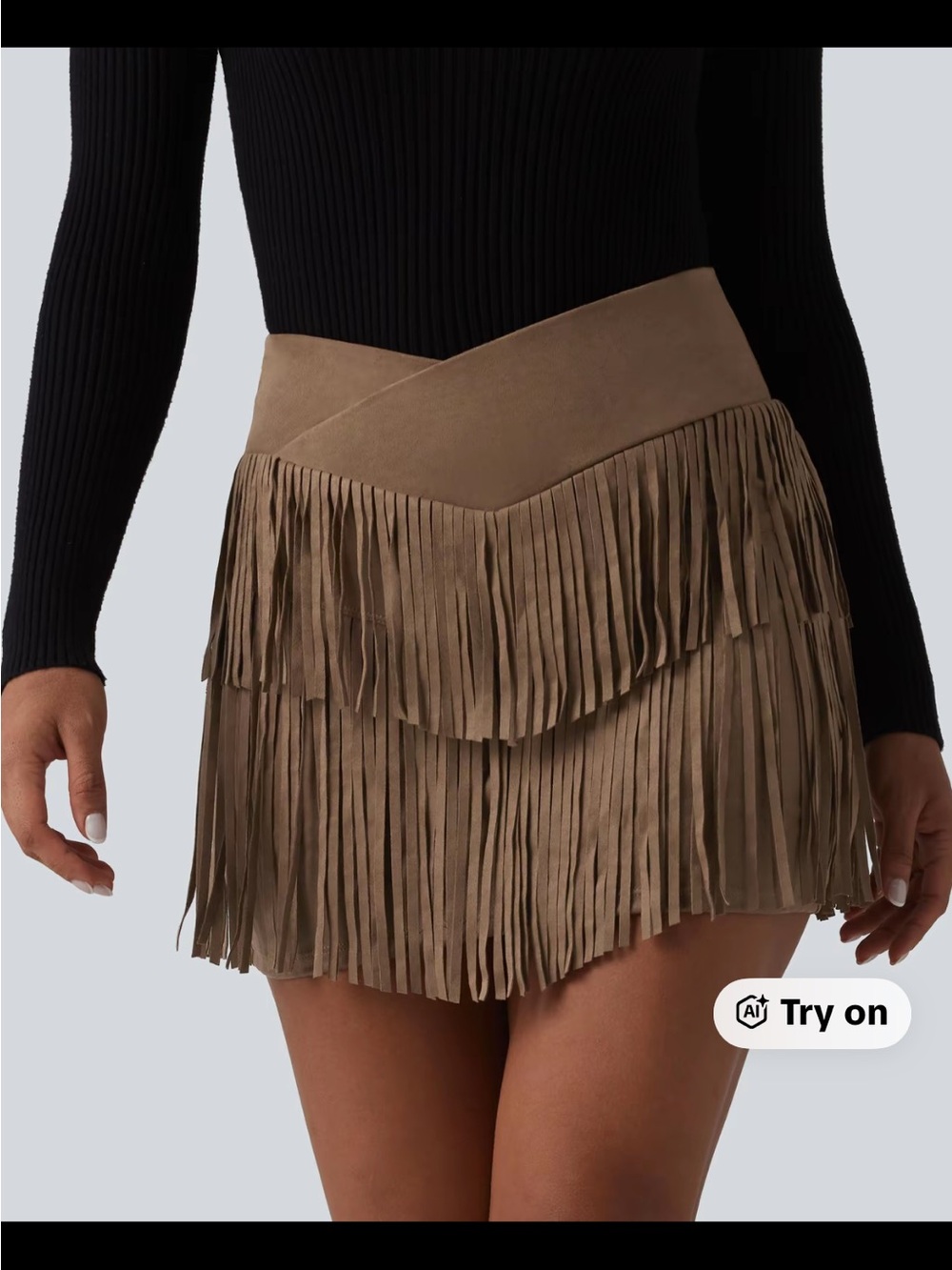 HALARA Taupe Fringe Suede Mini Skirt